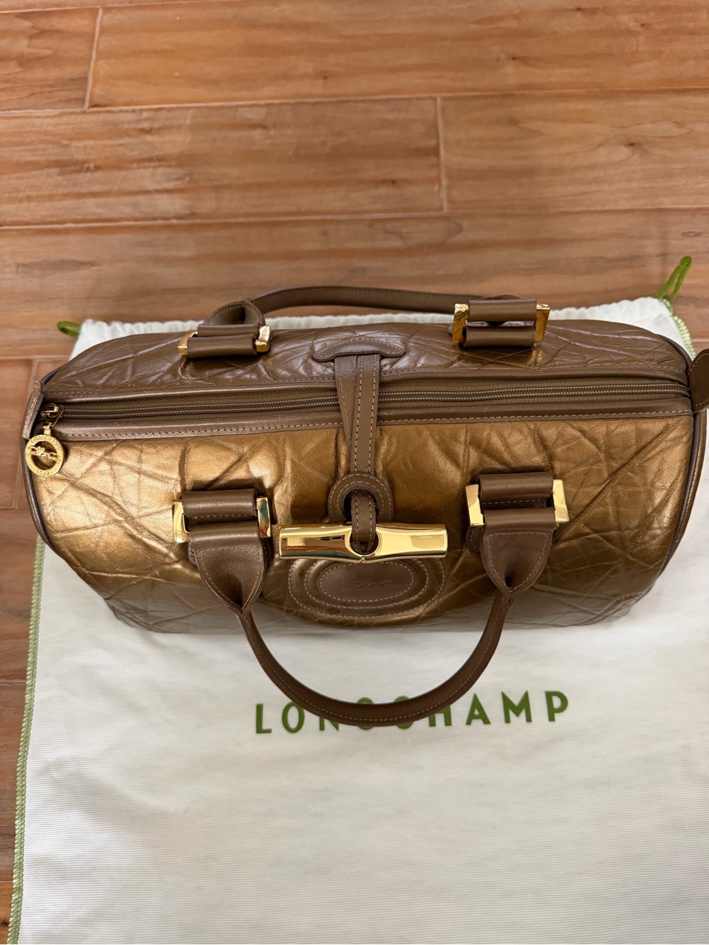 Longchamp Le Roseau Metallic Bronze Satchel Bag Made in France - Picture 8 of 12